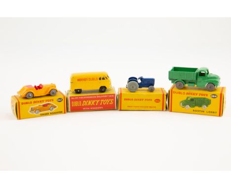 4 Dublo Dinky Toys. Singer Roadster (062), in deep yellow with red interior and grey plastic wheels. Austin Lorry (064). In g