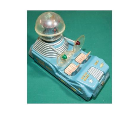Vintage tinplate "Moon Patrol Space Ship" Toy by Nomura. Light blue body with silver grilles. Rotating clear plastic dome at 