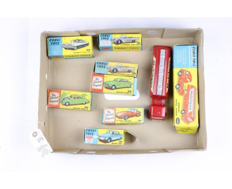 7 Corgi toys. Lot includes No.1140 Mobilgas patrol tanker with Bedford TK tractor unit, No.307 "E" type Jaguar with detachabl