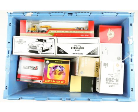 14 First Gear U.S. Trucks etc. Various scales including 5 1:64:- 3x Mack Granite with Tri-Axle Low Boy Trailer, variations. P