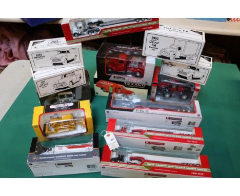 14 First Gear U.S. Trucks etc. 4x 1:64 - 3x Mack Granite with Tri-Axle Low Boy Trailer, variations. Plus a Mack R-Model with 