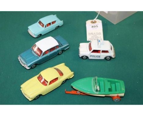 5 Dinky Toys. Austin Mini Cooper 'S' POLICE in white. Ford Anglia in turquoise. Alfa Romeo Coupe in yellow. Triumph 2000 in m