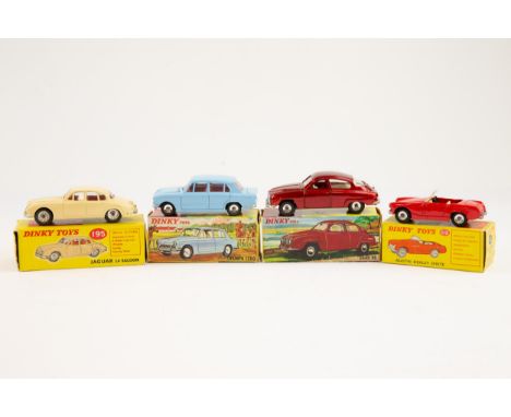 4 Dinky Toys. Triumph 1300 (162) in light blue with red interior. Austin Healey Sprite (112) in red with cream interior. A Ja