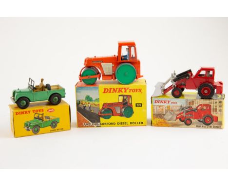 3 Dinky toys. To include No.279 Aveling Barford roller, orange body with green wheels, No.437 Muir Hill 2-wl loader, in red w