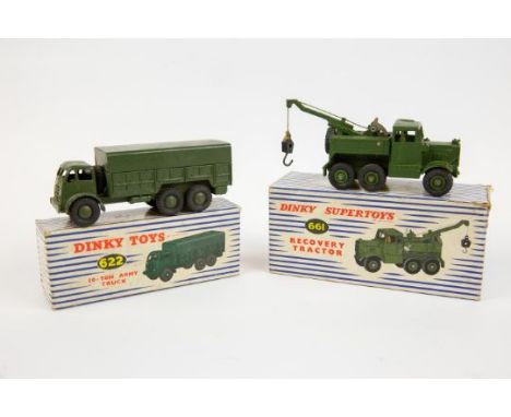 2 Dinky toys Military vehicles. No.622 10-ton army truck, together with No.661 Recovery tractor. Both boxed with inner card p