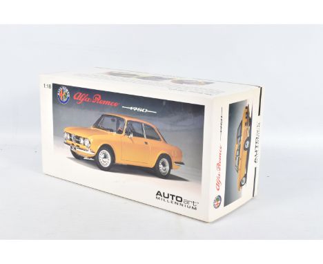 A BOXED AUTOART ALFA ROMEO 1750 GTV SCALE 1:18 MODEL VEHICLE, numbered 70108, painted mustard yellow, appears in new conditio