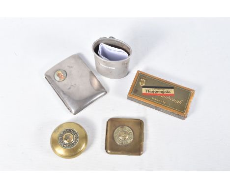 A SMALL COLLECTION OF GERMAN CIGARETTE CASES, TOBACCO BOX, ETC, comprising a brass cigarette case and brass tobacco box stamp