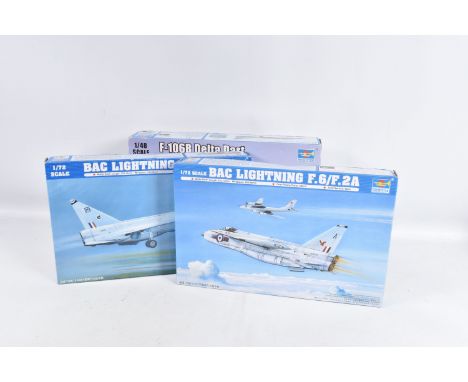 THREE TRUMPETER UNBUILT MODEL MILITARY AIRCRAFTS, the first is a 1:48 scale  F106B Delta Dart numbered 02892, the contents ar