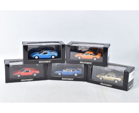 FIVE BOXED PAUL'S MODEL ART MINICHAMPS 1970's MODELS, to include a DeTomaso Pantera in Rosso in red 1972, 1 of 5,520 pcs, num