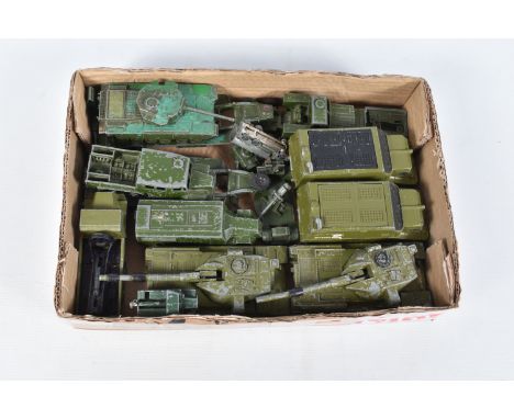 A QUANTITY OF UNBOXED AND ASSORTED PLAYWORN MAINLY DINKY MILITARY AND T.V. RELATED VEHICLES, to include Dinky Toys Light Drag