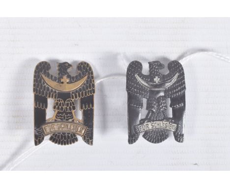 TWO GERMAN WEIMAR REPUBLIC FREIKORPS SILESIAN ORDER PIN BADGES, both badges are black enamel and feature a crescent moon at t