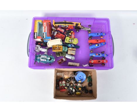 A QUANTITY OF UNBOXED AND ASSORTED PLAYWORN DIECAST VEHICLES, to include Dinky Toys Dodge Farm Produce Wagon, No.30n/343, Mas