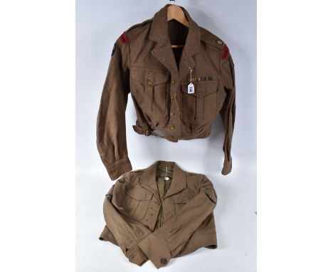 TWO BRITISH BATTLEDRESS BLOUSE JACKETS, the first is a 1949 pattern blouse with a date of 1951 on the inside label, size 11, 