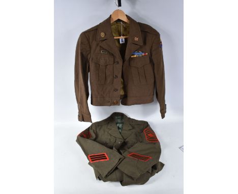 TWO USA ARMY UNIFORM JACKETS, the first is a USA Marine corps jacket with rank insignia to the upper arms, it is 1960's, the 