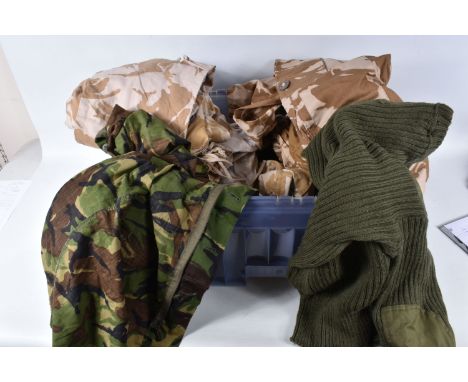 A BOX OF MILITARY RELATED CLOTHING, to include five pairs of desert trousers and one jacket and Army issue jumper, three camo