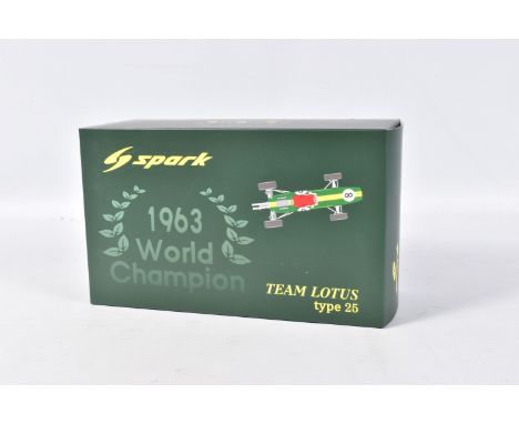 A BOXED SPARK TEAM LOTUS TYPE 25 1963 WORLD CHAMPIONSHIP MODEL RACECAR, numbered 18S038, lotus green with yellow stripe and t