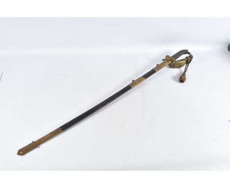 A 19TH OR 20TH CENTURY NAVAL DRESS SWORD, the blade has some ornate decoration on it but it is rubbed in places, the brass hi