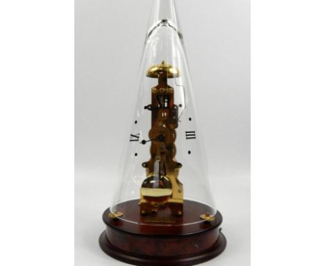 A modern Frans Hermley German skeleton type clock, the tapering glass dome decorated with Roman numerals on a hardwood base, 
