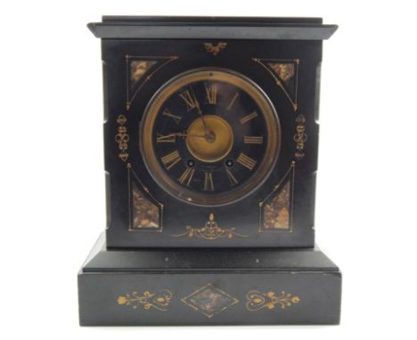 A Victorian black slate mantel clock, with marble inserts, the 14cm diameter Roman numeric dial revealing a brass pendulum dr
