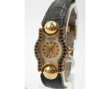 A Vignando sapphire and diamond dress watch, with mother of pearl dial, and gem encrusted dial and bezel, on black leather st