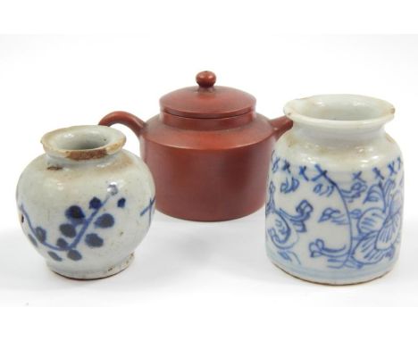 Three items of miniature Chinese porcelain, to include a red ware teapot, with seal marks underside, a small blue and white p