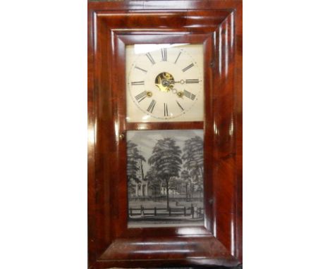 A 19thC American walnut cased wall clock, the square 20cm dial with Roman numerals and 8-day movement above a glazed panel se