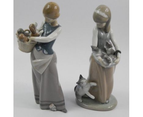 Two Lladro porcelain figures, one in the form of a lady with a basket of puppies, another similar with a cat and kittens, 14c