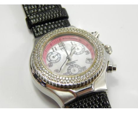 A ladies Techno Marine wristwatch, with pink mother of pearl dial, and double row diamond bezel, in stainless steel, with bla