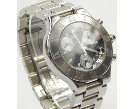 A stainless steel Cartier 25 Chronograph wristwatch, with black dial, serial no. 108833PL.