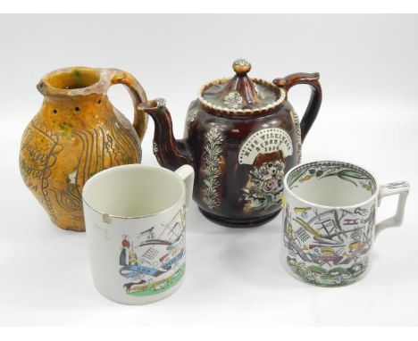 Four items of 19thC pottery, to include a puzzle type jug bearing the name Thomas Dommet October 8.18.12, a Bargeware teapot 