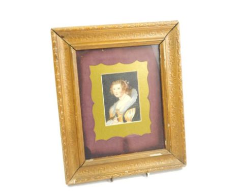 19thC School.  Half length portrait of a young lady with ribboned hair and pearl necklace, watercolour, 12cm x 8cm, marked ve