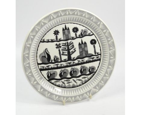 A Royal Worcester Crown ware plate, decorated with a design in silhouette after Scottie Wilson, printed marks in black to und