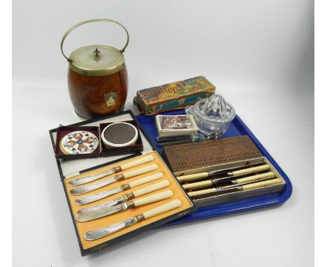 Various bygones and collectables, to include a early 20thC oak biscuit barrel with plated mounts and swing handle, (with hand