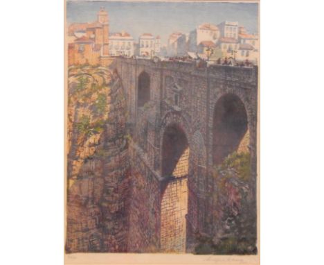 After Wilfred R Wood. Bridge at Ronda, Southern Spain, artist signed limited edition print 28/60, 45cm x 33cm.  