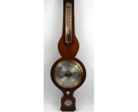 A mid 19thC mahogany wall barometer, by Norris of Whittlesea,  with thermometer, etc, 107cm long overall.