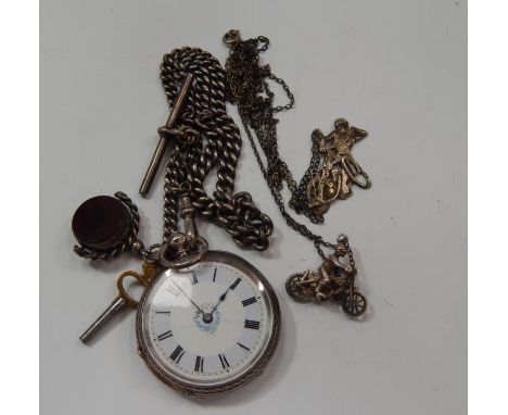 A Victorian silver fob watch, with enamel dial and Roman numerals, the case dated Birmingham 1882, and a silver Albert watch 