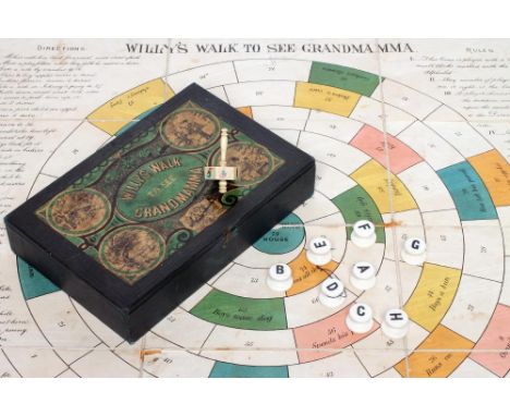 A board game "Willy's Walk to see Grandmamma", 19th century, comprising folded linen backed hand coloured lithograph "board",