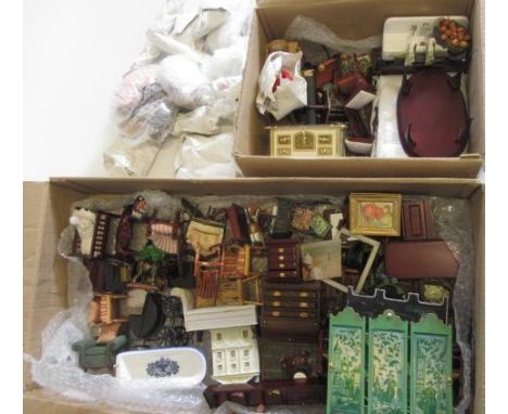 A large quantity of dolls house furniture, equipment and decorative items, all late 20th century, in wood, ceramic and other 