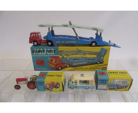 1105 "Carrimore" Car Transporter, E, box G, 50 Massey Ferguson 65 Tractor, boxed, G-E, 428 Mister Softee Ice Cream Van, boxed