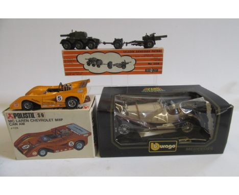 Crescent Toys 2154 Saladin Armoured Patrol 3 item set, boxed, G, and two other models by Polistil and Burago, boxed, G-E (3) 