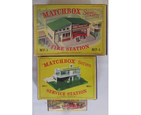 MG-1 Service Station, MF-1 Fire Station, K.15 Merryweather Fire Engine, all boxed, G-G/E (3) (Est. plus 21% premium inc. VAT)