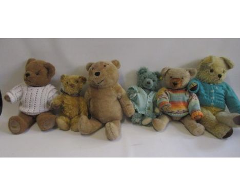 Six teddy bears including a Merrythought brown bear, a Steiff Classic green bear, and an Alresford Crafts brown bear (Est. pl