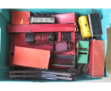 Playworn Hornby rolling stock with clockwork 501 locomotive, goods trucks including Hopper wagon, coal truck and tank wagon, 