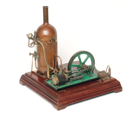 A single cylinder horizontal steam plant with non-reversing mill type steam engine, 6" fly wheel driving boiler, water feed p