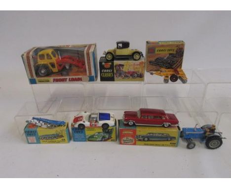 330 Porsche Carrera, 9032 Renault, 247 Mercedes Benz, 61 Plough, 71 Harrow, Britains 9572 Frontloader Tractor, all boxed, and