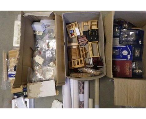 A quantity of dolls house equipment, late 20th century, including furniture, light fittings, architectural items and other fu