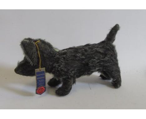 A mid 20th century Chad Valley black Scottie dog (worn) plush covering, black/amber eyes, metal button, original handing labe