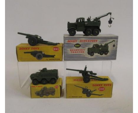 661 Recovery Tractor, 693 7.2 Howitzer, 692 5.5 Medium Gun, 676 Armoured Personnel Carrier, all boxed, G-E (4) (Est. plus 21%