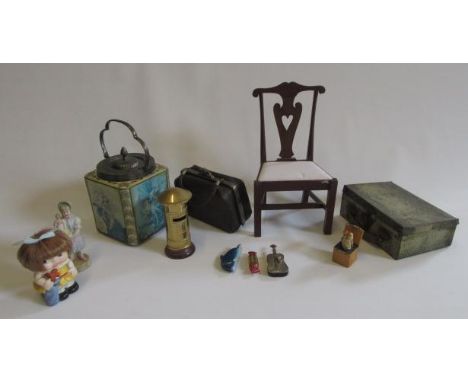 A mahogany doll's single chair, a Carltonware biscuit barrel, a tinplate case, various fans and dolls umbrellas, a brass mone