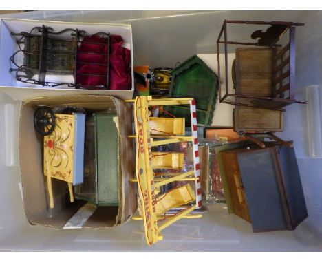 A quantity of miniature buildings and vehicles suitable for dolls house displays, late 20th century, mainly painted wood cons